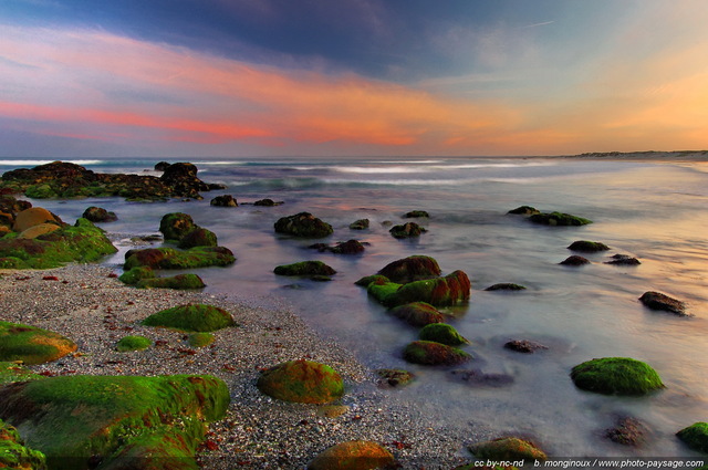 Lueurs matinales sur la baie d'Audierne
Plage de Tronoën et pointe de la Torche
Finistère, Bretagne, France
Mots-clés: finistere bretagne mer tronoën tronoan cap-sizun littoral cote ocean atlantique algues rocher rivage categ_ete pierre pointe-de-la-torche aurore aube plage ciel_aube