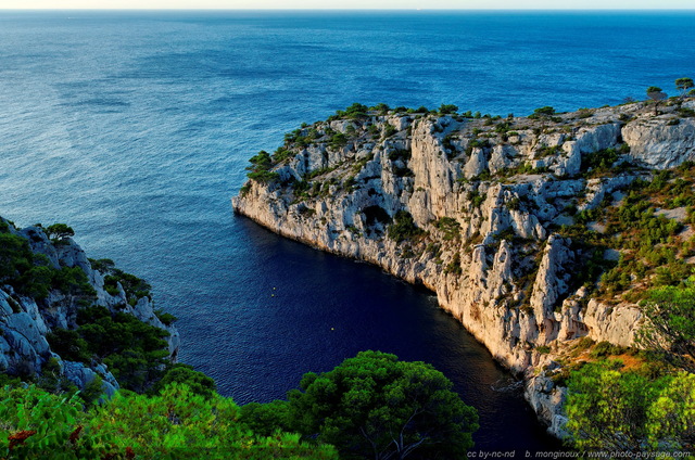 L'embouchure du la calanque d'En Vau
La calanque dominée sur la 
droite par les falaises du 
plateau de Castel Vieil 
(qui culmine à  env 150 mètres).

[Littoral de Provence, entre Cassis et Marseille : 
Le Parc National des Calanques]
Mots-clés: mer mediterranee provence cassis parc_national_des_calanques cote-d-azur en_vau crique marseille categ_ete