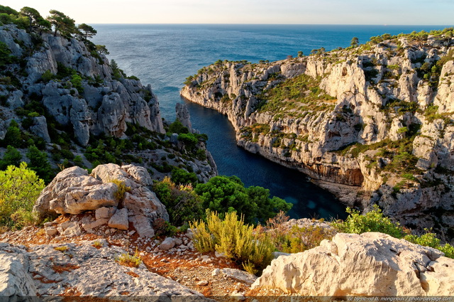 L'embouchure de la calanque d'En Vau vue depuis les falaises
Ce chenal naturel long et étroit est dominé par des falaises d'une centaine de mètres de haut.

[Littoral de Provence, entre Cassis et Marseille : 
Le Parc National des Calanques]
Mots-clés: mer mediterranee provence cassis parc_national_des_calanques cote-d-azur falaise en_vau crique marseille