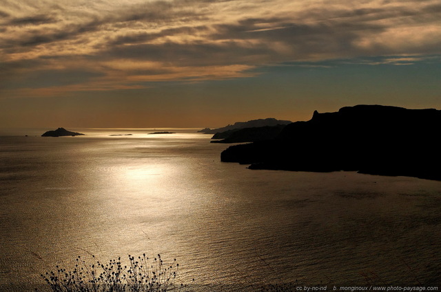 Les calanques vues depuis Cap Canaille
Sur la gauche : l'île de Riou.

[Littoral de Provence, entre Cassis et Marseille : 
Le Parc National des Calanques]
Mots-clés: mer mediterranee provence cassis contre-jour parc_national_des_calanques cote-d-azur ombre lumiere riou categ_ete