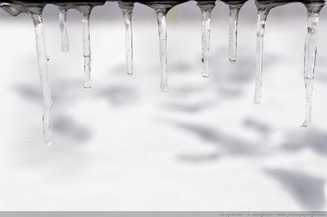 Alignement de stalactites de glace   2
La neige fond l'après midi puis regèle dans la nuit, créant ces petites sculptures aussi éphémères que discrètes (ici sur le long du dossier d'un banc public).
[hiver]
Mots-clés: hiver glace stalactite fonte froid