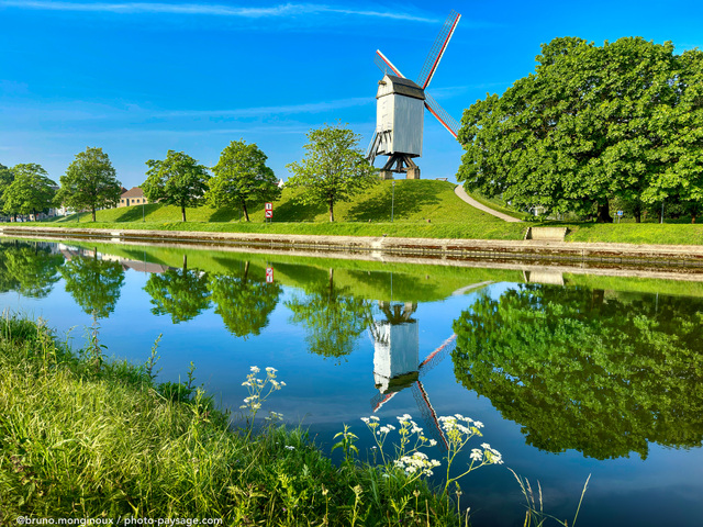 Moulin à  vent, reflets sur le canal
Bruges, Belgique
Mots-clés: Reflet printemps moulin alignement_arbres canal