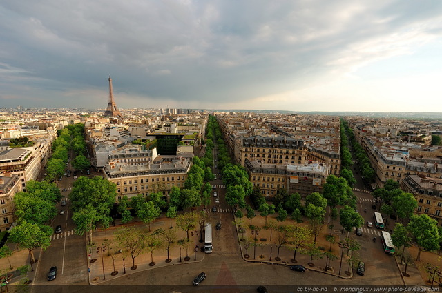 Tour Eiffel, avenue d'Iéna,  avenue Kléber, et avenue Victor Hugo
[Paris photographié depuis le toit de l'Arc de Triomphe]

Mots-clés: paris paysage_urbain tour_eiffel grand-angle