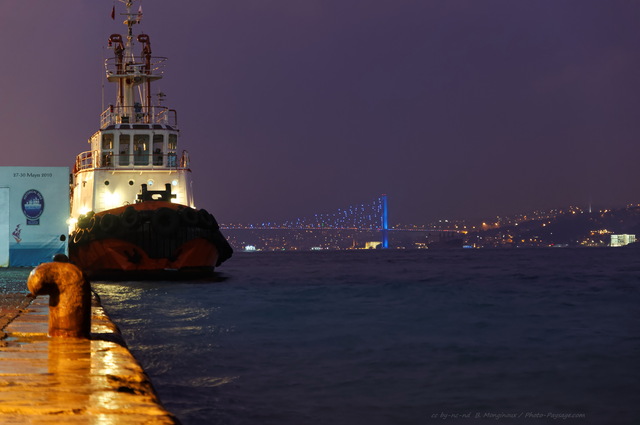 Un bateau à quai sur les rives du Bosphore
En arrière plan, le pont du Bosphore qui relie la partie européenne et la partie asiatique de la ville. 

Istanbul, Turquie
Mots-clés: istanbul_by_night turquie mer bosphore categ_pont bateau quai nuit nocturne