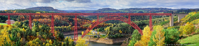 Viaduc de Garabit en automne (assemblage panoramique)
Le viaduc ferroviaire de Garabit, au-dessus de la vallée de la Truyère, photographié en automne. Ce viaduc, qui est classé monument historique depuis 1965, a été conçu par l'ingénieur lozérien Léon Boyer, et construit entre 1880 et 1884 par la société de Gustave Eiffel. Ruynes-en-Margeride, Cantal
Mots-clés: pont automne photo_panoramique