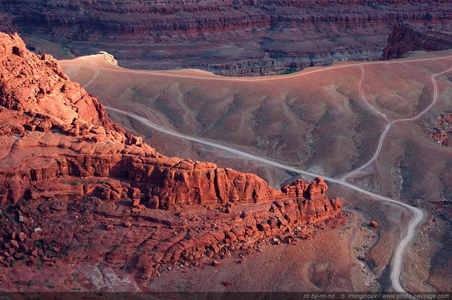 Vue plongeante et vertigineuse sur une piste, des centaines de mètres en contrebas de Dead Horse Point
Dead Horse Point state park (Canyonlands), Utah, USA
Mots-clés: USA etats-unis utah chemin canyon desert montagne_usa