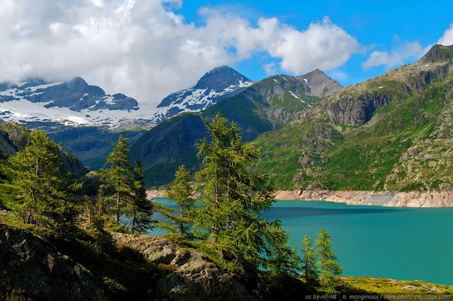 Paysage lacustre dans les Alpes : le Lac d'Emosson
Lac de barrage d'Emosson 
(Alpes suisses)
Mots-clés: suisse les_plus_belles_images_de_nature emosson sapin conifere neige cime categorielac categ_ete foret_alpes massif_montagneux oxygene week-end nature